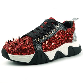 Fiesso FI-2406 Red Black Glitter Spiked Low-Cut Lace-Up Sneaker