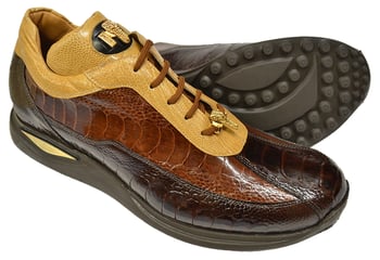 Mauri "Desert" 8727 Dark Brown / Kango Tabac / Light Caramel Genuine  All-Over Ostrich Sneakers With Gold Mauri Alligator Head