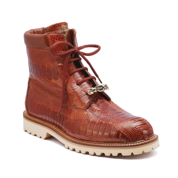 Mauri "4949" Cognac Hand-Painted Genuine Ostrich Tractor Sole Boots.