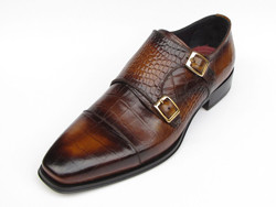 Paul Parkman "045-APR-BRW" Brown Crocodile Embossed Calfskin Double Monkstrap Shoes.