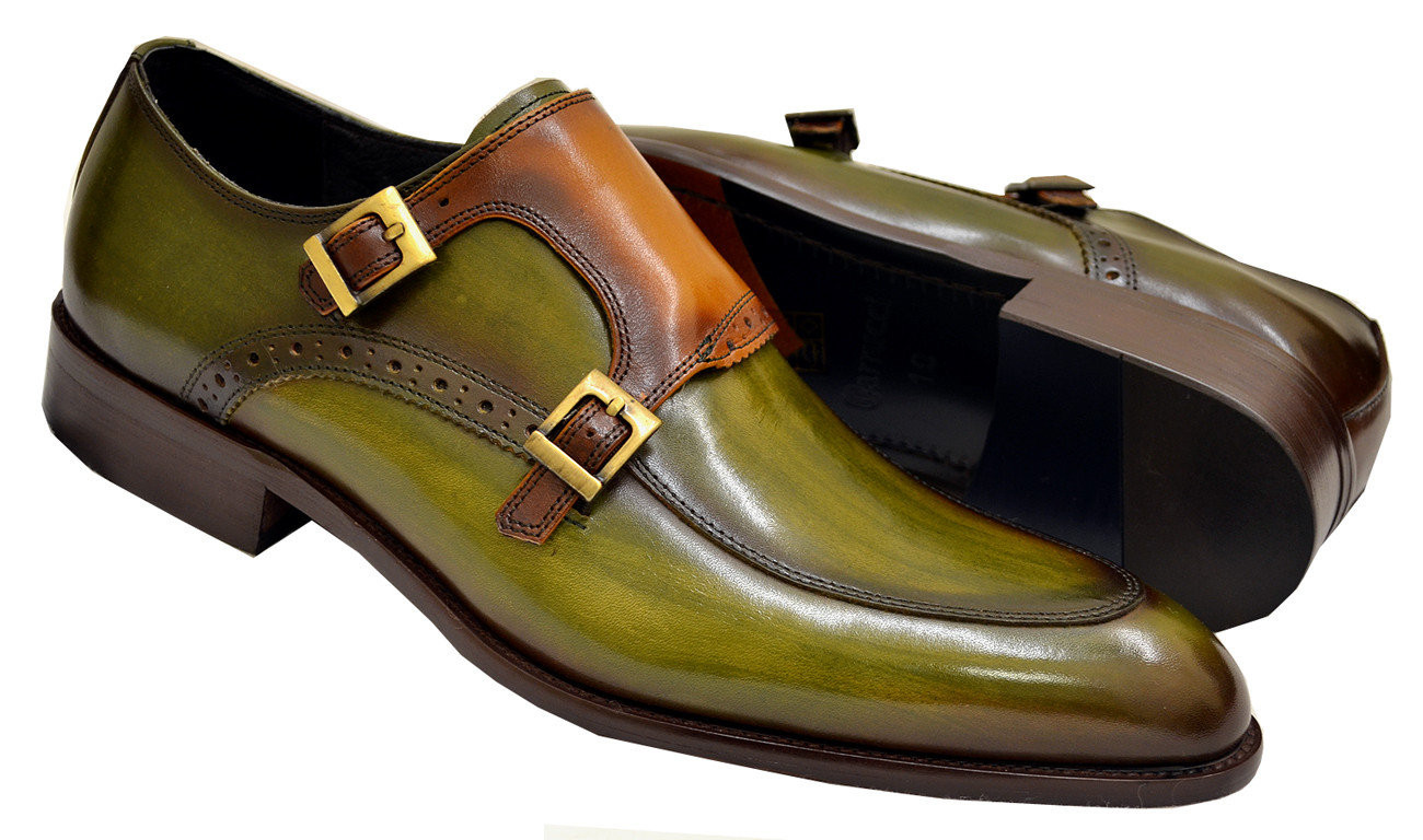 Carrucci Light Olive / Cognac Burnished Calfskin Double Monk 
