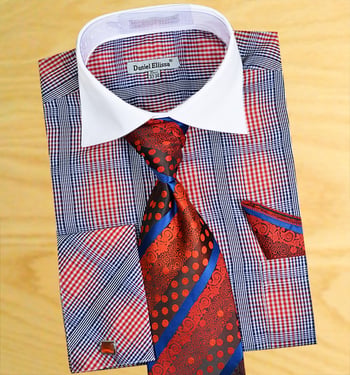 Daniel Ellissa DS3766P2 Red/Blue/White Checker Two-Tone Shirt, Tie & Hanky Set, 60/40 Cotton-Poly, French Cuffs