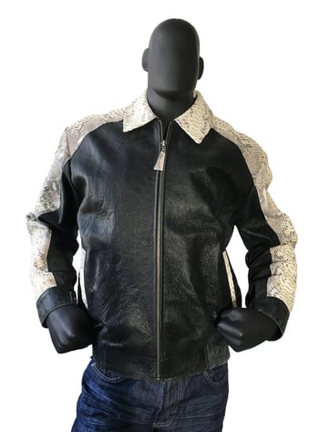 G-Gator Black Distressed Leather Bomber Jacket With Python Trimming 2095.