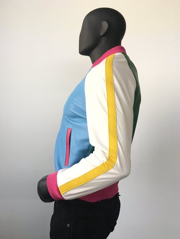 G-Gator 1095 Genuine Lambskin & Suede Baseball Jacket with Leather Stripes — Blue/Green/White/Pink