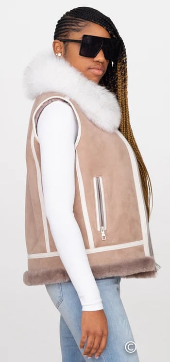 G-Gator 1057 Women's Sheepskin Vest Fox Fur Collar Lambskin Trim Front Zip