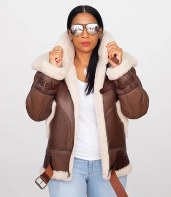 G-Gator #1003 Ladies Double Collar Sheepskin Bomber Jacket Removable Collar Brown