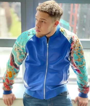 G- Gator 1011 Royal Blue Genuine Lambskin Leather Baseball Jacket Digital Print Sleeves
