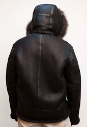 G-Gator Black Genuine Shearling Sheepskin Aviator Jacket With Removable Hood / Raccoon Fur 800.