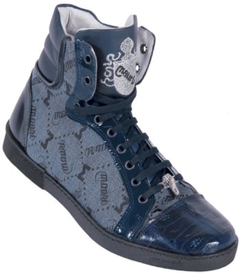 Mauri 8876 Navy Blue Genuine Alligator And Mauri Embossed Fabric Casual Boots With Mauri Emblem Embroidery & Silver Alligator Head