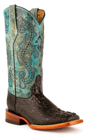 Ferrini Ladies"Stampede" Black / Teal Caiman Print Leather SquareToe Cowgirl Boots 90393-50