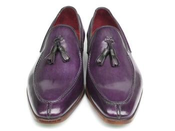 Paul Parkman 083 Purple Genuine Leather Hand-Painted Loafer Shoes With Tassel