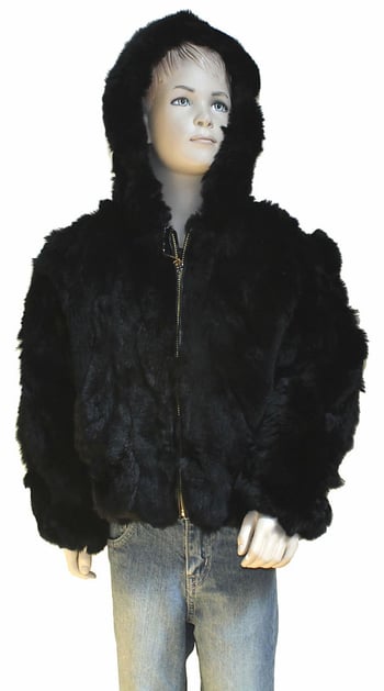 Winter Fur Kid's Black Rex Rabbit Jacket With Hood K08R02BK.