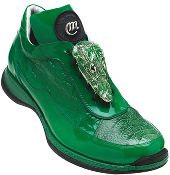 Mauri "Mania" 8691 Leaf Green Genuine Ostrich Leg / Patent Embossed Leathers Sneakers With Alligator Head On Laces