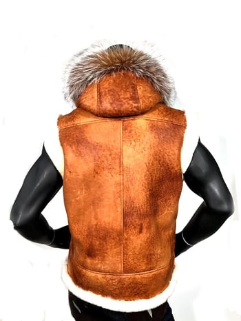 G-Gator #5600H Cognac Sheepskin Vest with Genuine Fox Fur Trimmed Hood