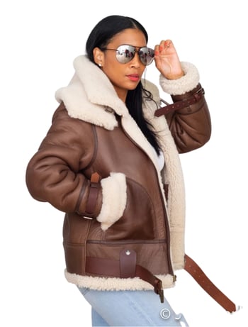 G-Gator #1003 Ladies Double Collar Sheepskin Bomber Jacket Removable Collar Brown