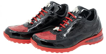 Mauri "King" 8900/2 Red / Black Genuine Embossed Calfskin / Crocodile Sneakers With Silver Alligator Head And Air Bubble Sole.