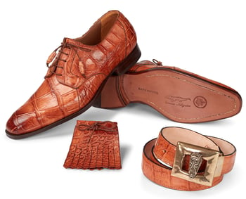 Mauri "Durini" 1059 Cognac All-Over Genuine Body Alligator Hand-Painted Lace-up Shoes With Kyltie And Matching Belt.