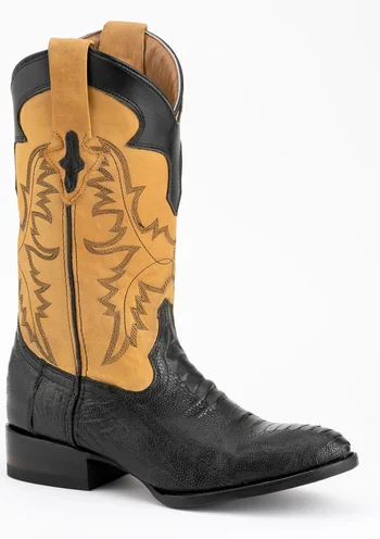 Ferrini "Nash" Black Genuine Ostrich Leather Square Toe Cowboy Boots  11411-04.