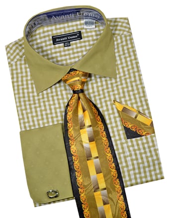 Avanti Uomo Olive / White Contrast Pattern Dress Shirt / Tie / Hanky / Cufflinks Set DN76M