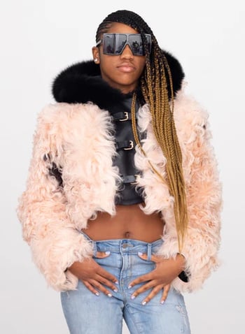 G-Gator 1042 Women's Mongolian Fur Lambskin Fox Fur Trim Crop Jacket with Hood