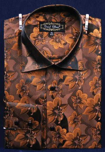 european cut dress shirts Daniel Ellissa FSS1402 Brown 100% Polyester Men's Shirt French Cuffs street european mens fashion Azazie A-Line V-Neck Long custom_Short Metallic Cutaway collar Production time:12 weeks