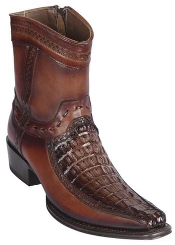 Los Altos  Faded Brown Genuine Caiman Tail and Deer Boots  Leather  European Square Toe Low Shaft Cowboy Boots 76BF0116