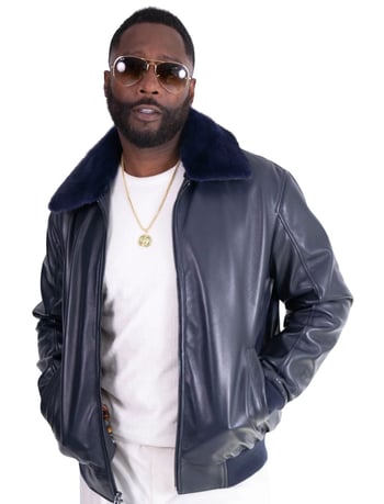 G-Gator 2220 Navy Genuine Lambskin Leather Bomber Jacket Removable Mink Fur Collar
