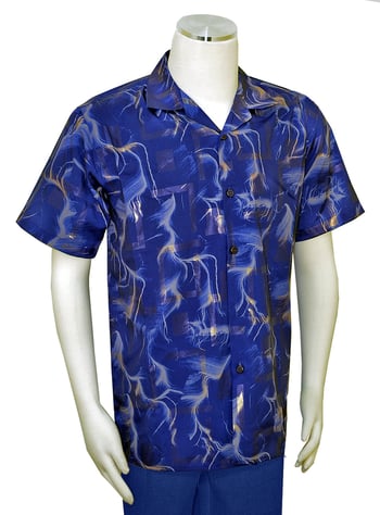 Pronti S6303 Men's Short-Sleeve Abstract Shirt, Navy/Eggshell/Metallic Gold, Cotton Blend