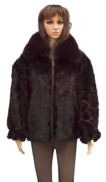 Winter Fur Ladies Chevron Mink Jacket With Fox Collar , Dyed into Two Shades of Burgundy W39S05BD Mink Front Paws Jacket With Fox Collar, Dyed into Two shades of Burgundy W69S05BDT