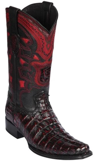 Los Altos Black Cherry Genuine Caiman Tail European Square Toe Cowboy Boots 760118