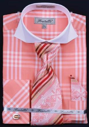 Fratello Coral Checker Pattern Two Tone Shirt / Tie / Hanky Set With Free Cufflinks FRV4118P2