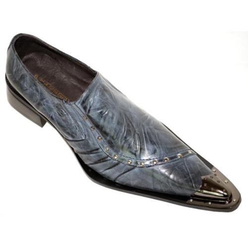 Fiesso Navy Blue Pointed Toe Metal Tip Leather Shoes FI8033