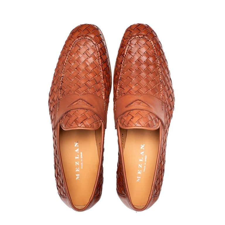 MEZLAN MEN\'S SHOES COGNAC WOVEN LEATHER SLIP-ON LOAFERS Mezlan  main image 2