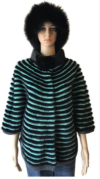 Winter Fur Ladies Green Genuine Mink Rex Rabbit With Stripes Cape H08