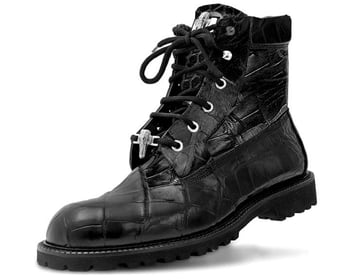 Mauri "Commando" 4637 Black All Over Genuine Alligator Lace-Up Boots With Silver Alligator Head