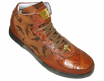 Mauri 8816 Cognac Genuine Alligator And Nappa Leather/Mauri Fabric High-Top Sneakers With Gold Mauri Alligator Head