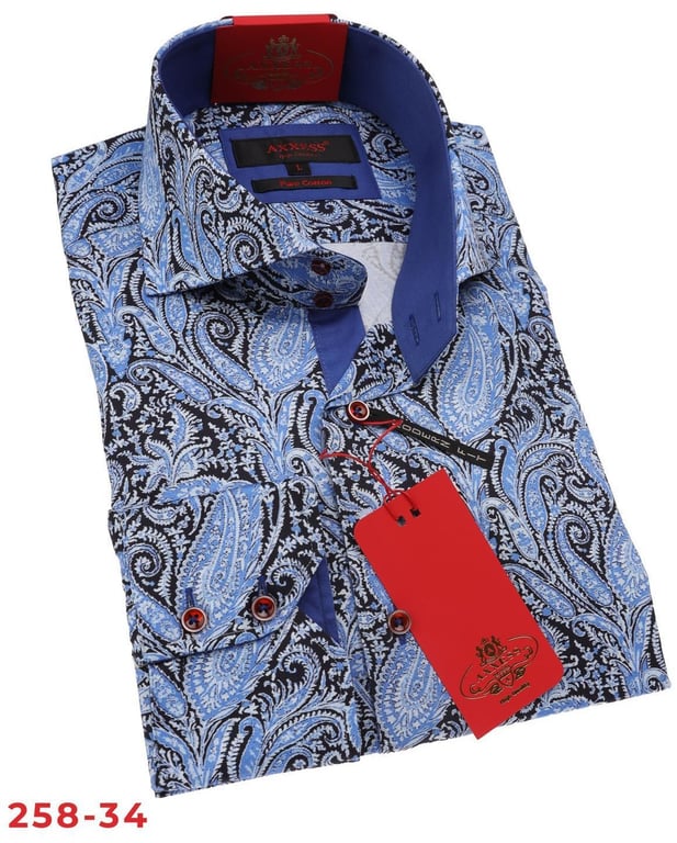 Axxess 258-34 Modern Fit Shirt Blue/Black 100% Egyptian Cotton Small