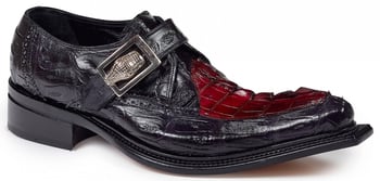 Mauri "Michelangelo" 44225 Black / Burgundy Hand Painted Genuine Baby Crocodile / Hornback Tail Loafter Shoes With Monk Strap