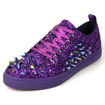 Fiesso FI-2429 Purple Glitter Spike Low-Cut Lace-Up Sneaker Red Sole