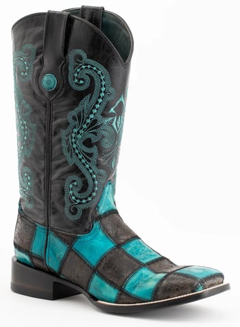 Ferrini "Patchwork" Black / Teal Full Grain Leather Square Toe Cowboy Boots 11393-50