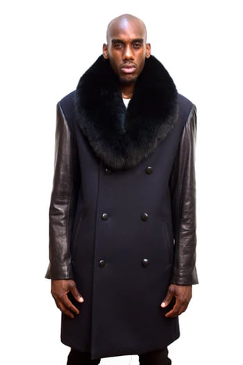 G-Gator 3110 Navy Black Wool Jacket with Leather Sleeves Fox Fur Collar Coat