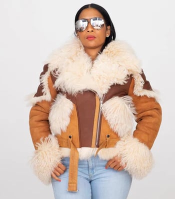 G-Gator 1012 Ladies Mongolian Fur Lambskin Leather Racing Jacket Front Zip