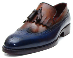 Paul Parkman KT74NB Navy & Tobacco Genuine Calfskin With Kiltie Tassel Loafer Shoes