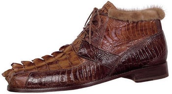 Mauri 2179 "Excelsior" Hand-Painted Kango Tabac / Dark Brown Genuine Hornback Crocodile Tail / Ostrich Leg Leather Boots With Fur