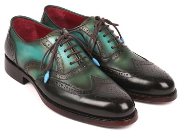 Paul Parkman Brown / Green Genuine Leather Wingtip Goodyear Welted Oxford Dress Shoes 027-BRWGRN