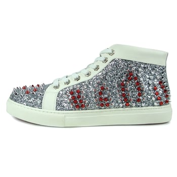 Fiesso FI2398 White Leather High-Top Sneaker with Silver & Red Spikes