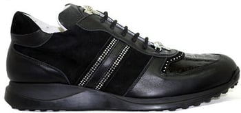 Mauri 8734 Black Genuine Crocodile And Nappa Leather/Suede Casual Sneakers With Silver Mauri Crocodile Head & Rhine Stones