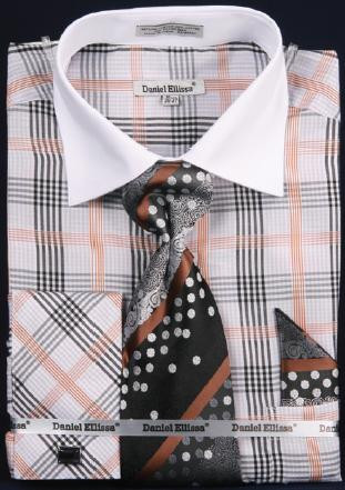 Daniel Ellissa Black / White Checker Pattern Two Tone Shirt / Tie / Hanky Set With Free Cufflinks DS3766P2