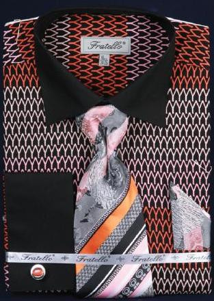 Fratello Black / Orange / Red  Weave Design 100% Cotton Shirt / Tie / Hanky Set With Free Cufflinks FRV4127P2.