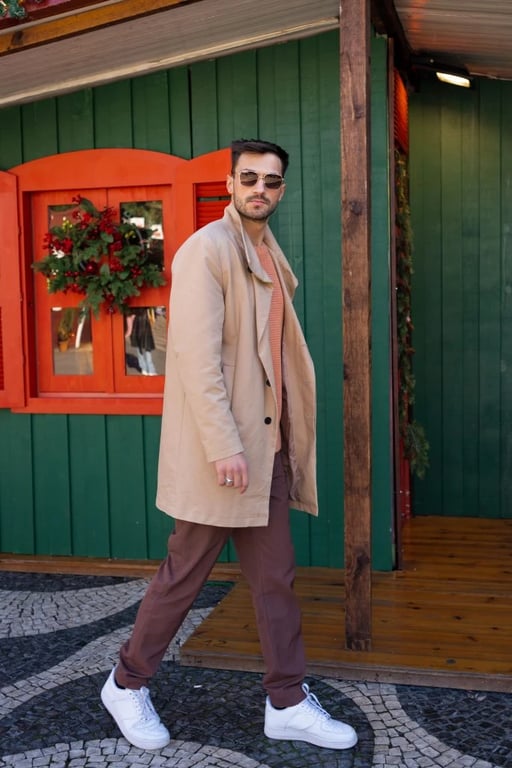 trench coat with chinos and white sneakers